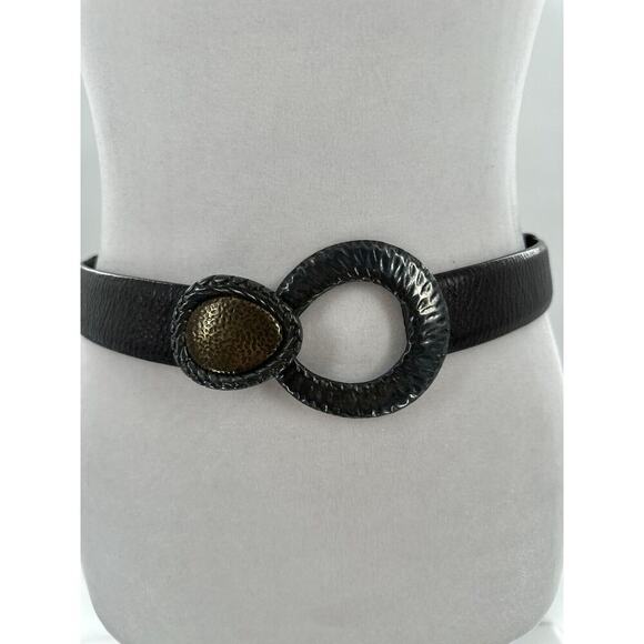 Chico's Belt Adjustable Brown Leather Hook Silver Gold Tone Big Buckle Statement - Picture 1 of 13